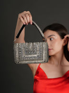 Women Silver Embellished Party Clutch Bag with Crystal & Stone Work