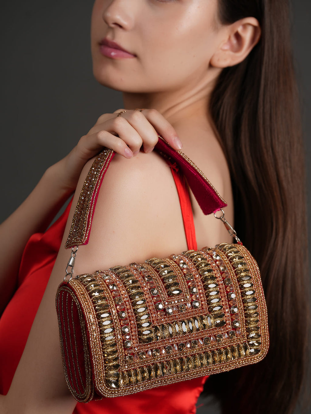 Women Red & Gold Embellished Party Clutch Bag with Crystal & Stone Work