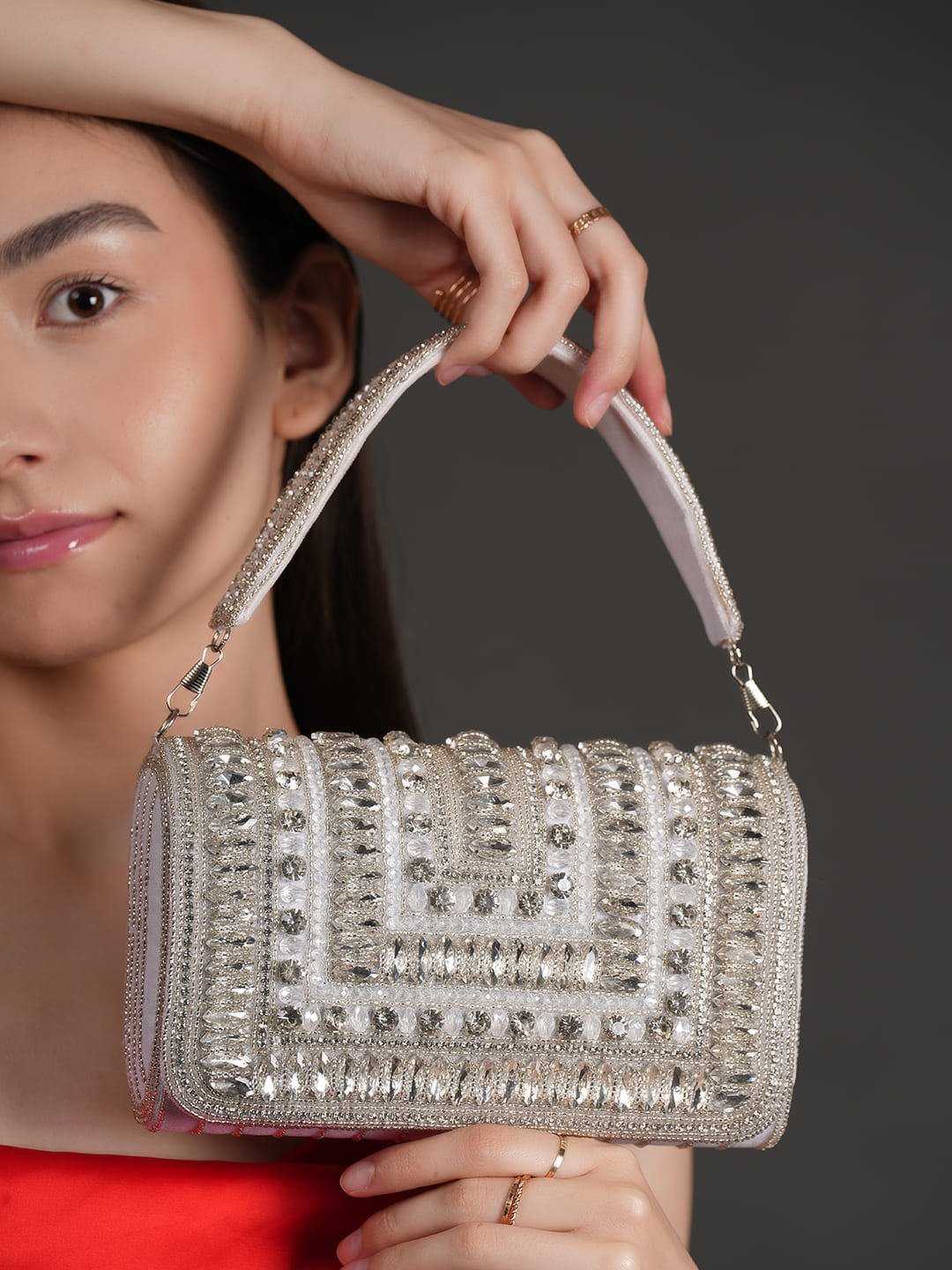 Women Silver Crystal Embellished Bridal Clutch Bag with Handle