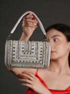 Women Silver Crystal Embellished Bridal Clutch Bag with Handle