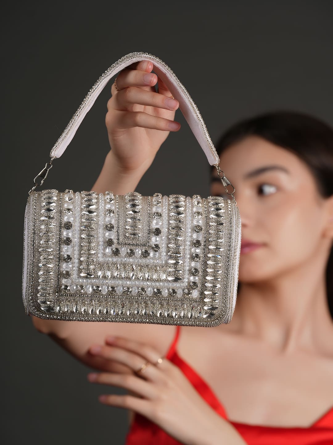 Women Silver Crystal Embellished Bridal Clutch Bag with Handle