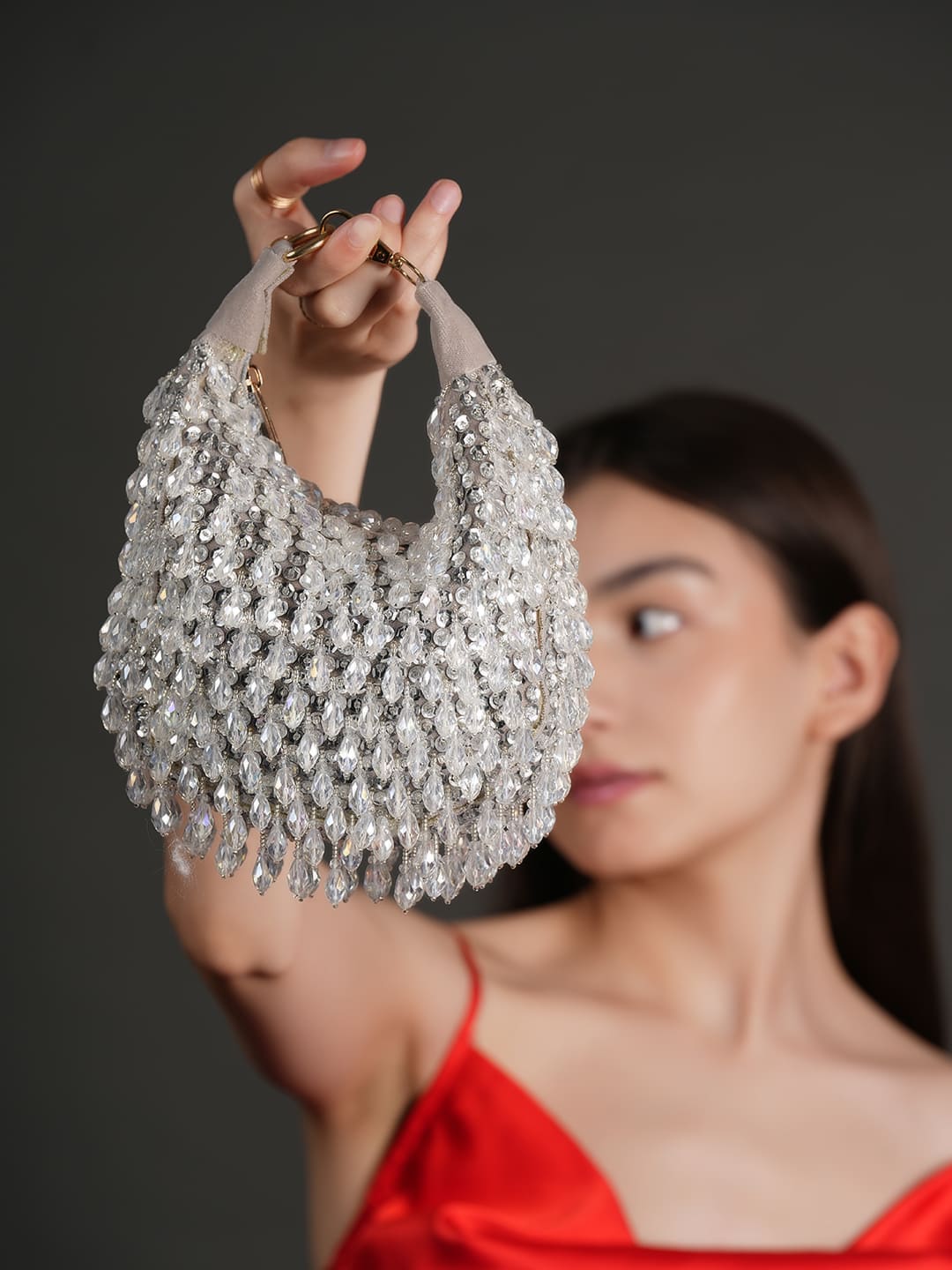 Women Silver Crystal Beaded Embellished Party Shoulder Bag