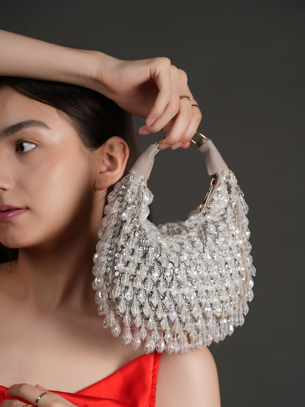 Women Silver Crystal Beaded Embellished Party Shoulder Bag