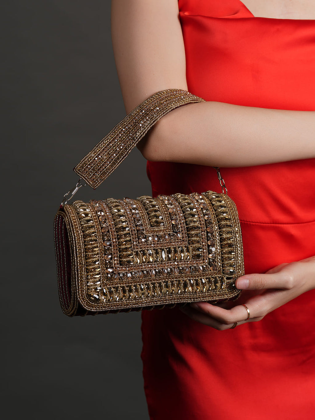 Women Antique Gold Embellished Party Clutch Bag with Crystal & Rhinestone Work