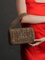 Women Antique Gold Embellished Party Clutch Bag with Crystal & Rhinestone Work