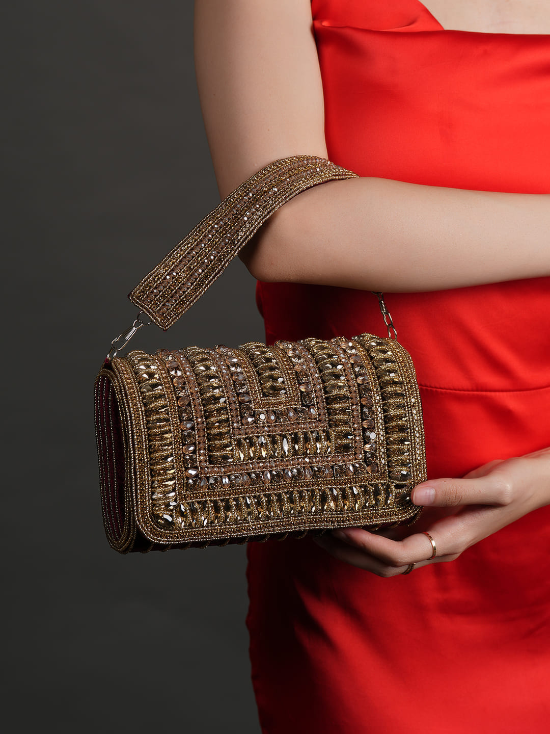 Women Antique Gold Embellished Party Clutch Bag with Crystal & Rhinestone Work