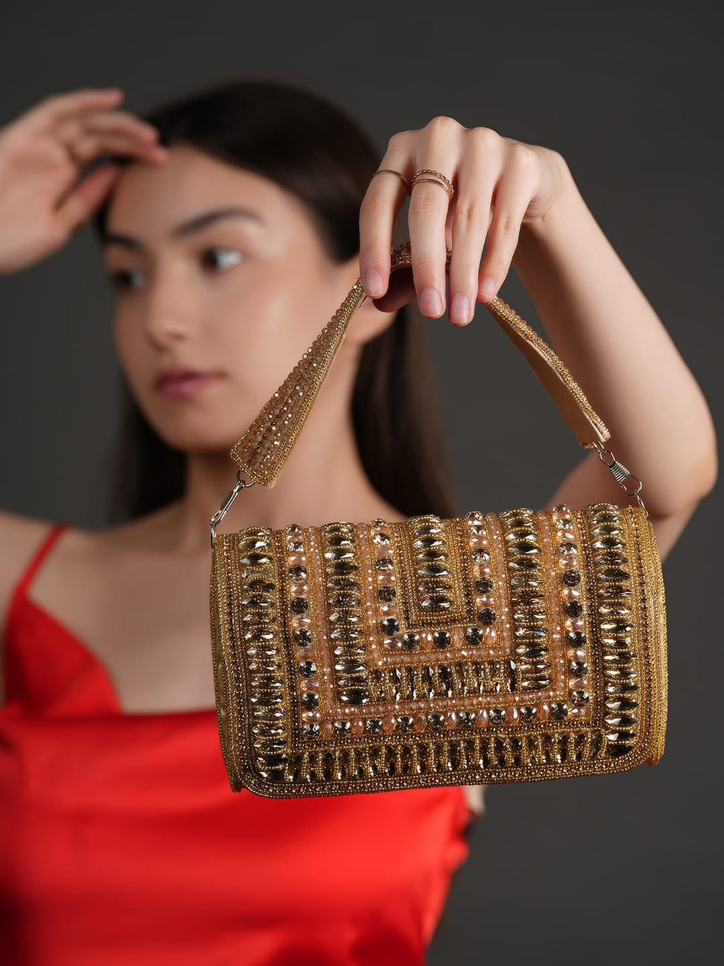 Women Champagne Gold Embellished Party Clutch Bag with Crystal & Rhinestone Work