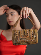 Women Champagne Gold Embellished Party Clutch Bag with Crystal & Rhinestone Work