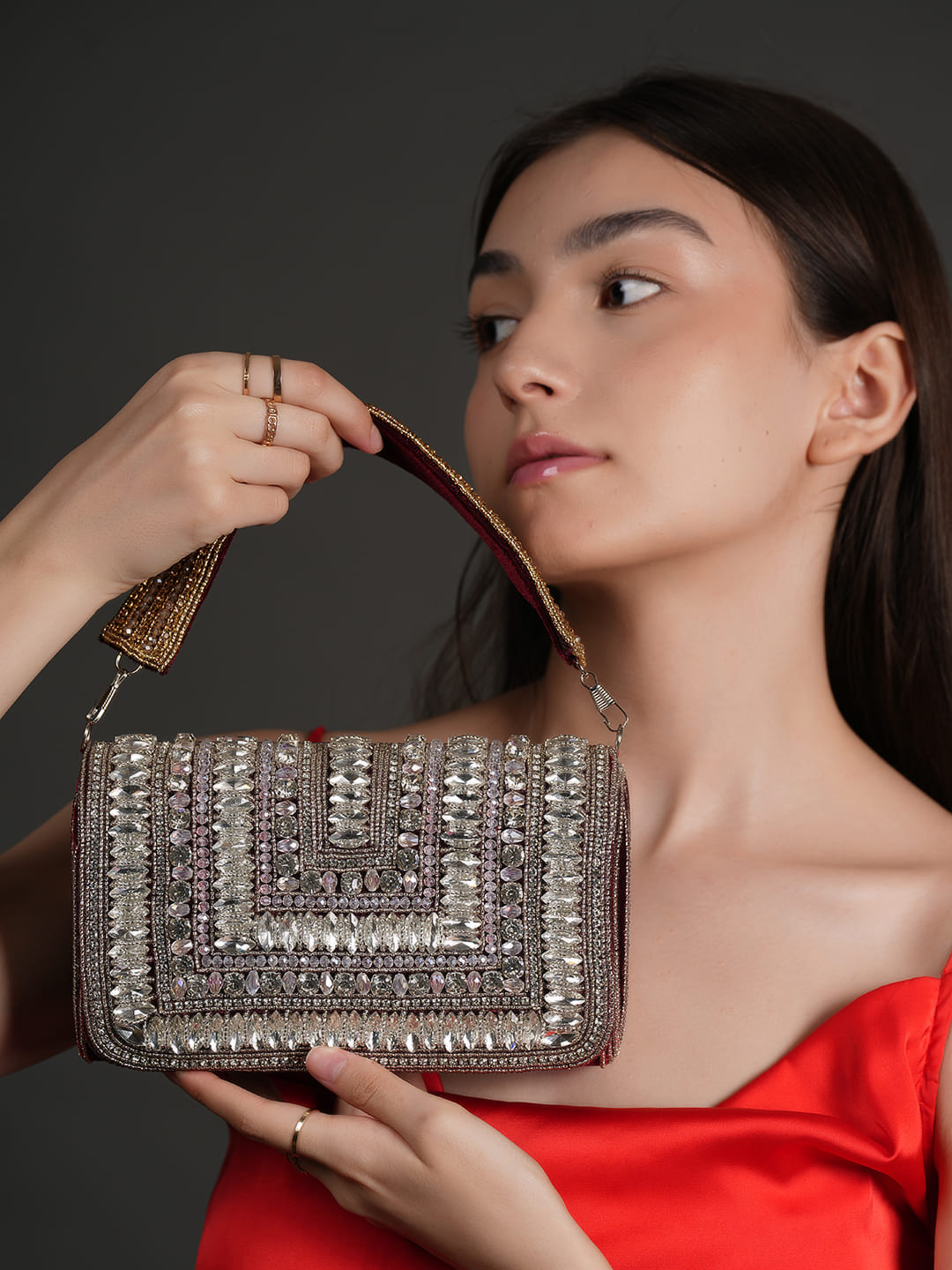 Women Silver Crystal Embellished Party Clutch Bag with Rhinestone Work