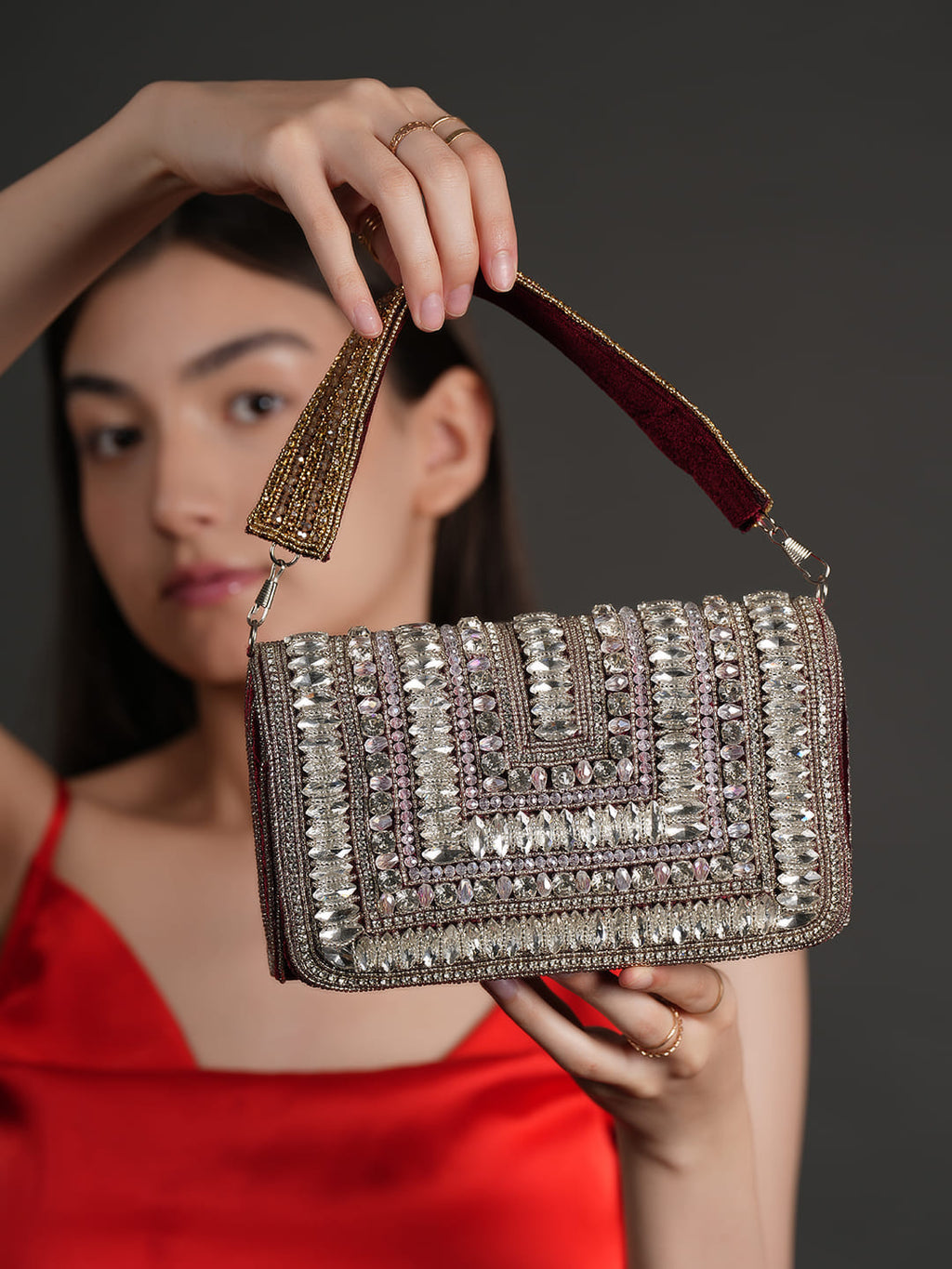 Women Silver Crystal Embellished Party Clutch Bag with Rhinestone Work
