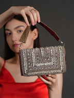 Women Silver Crystal Embellished Party Clutch Bag with Rhinestone Work