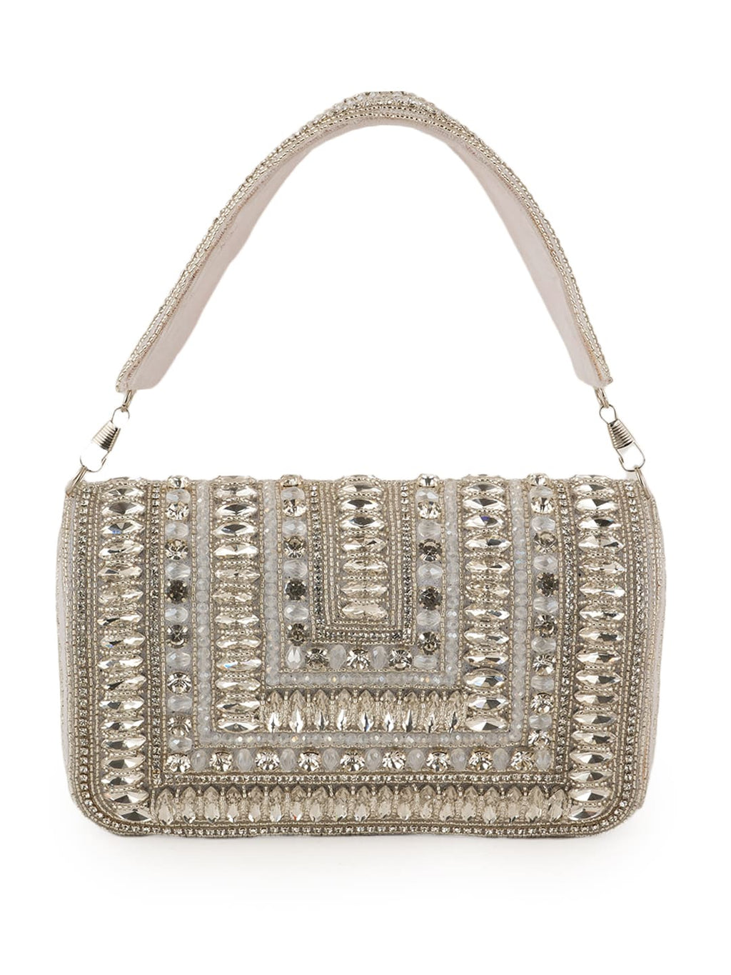 Women Silver Crystal Embellished Bridal Clutch Bag with Handle