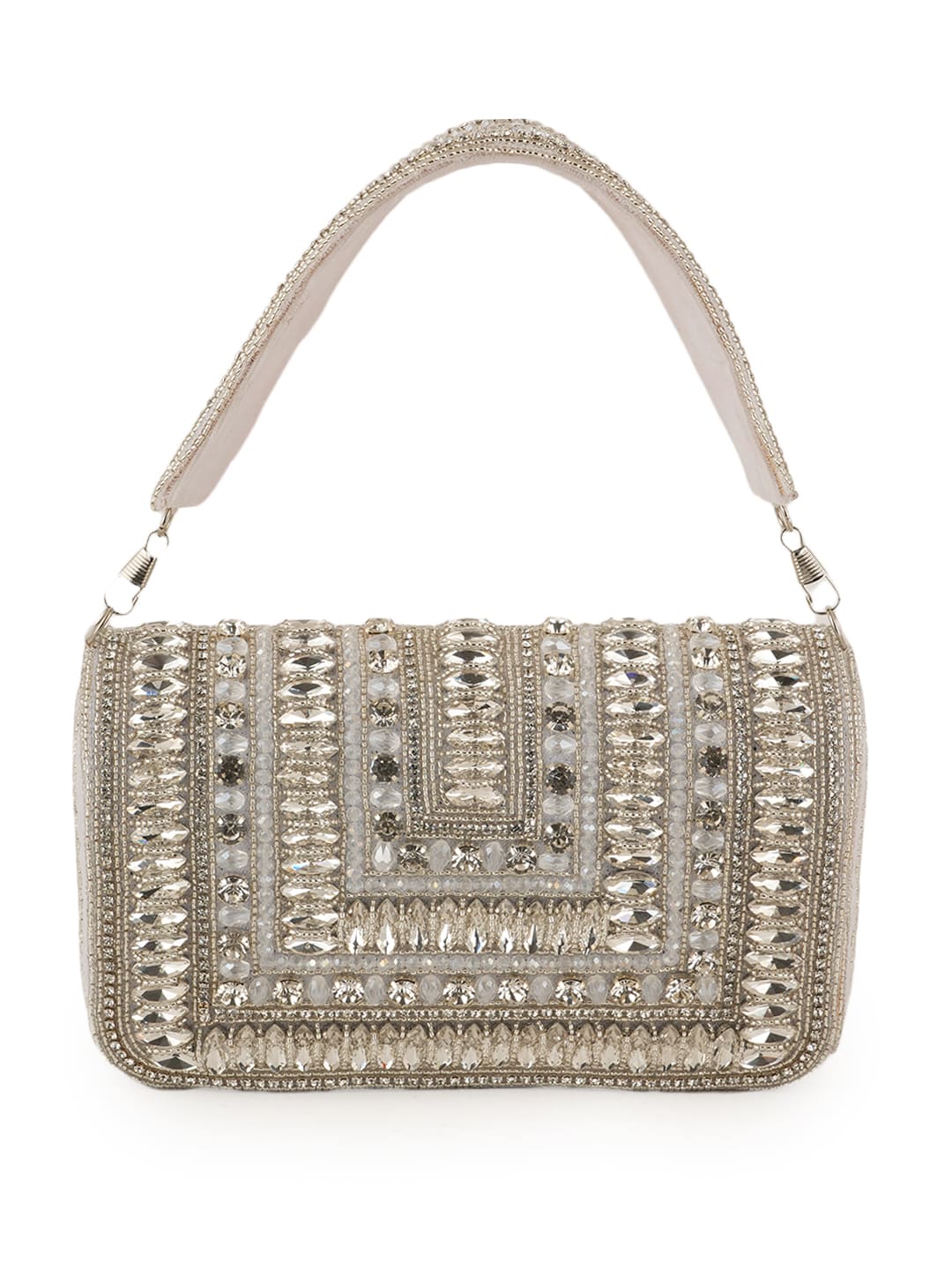 Women Silver Crystal Embellished Bridal Clutch Bag with Handle