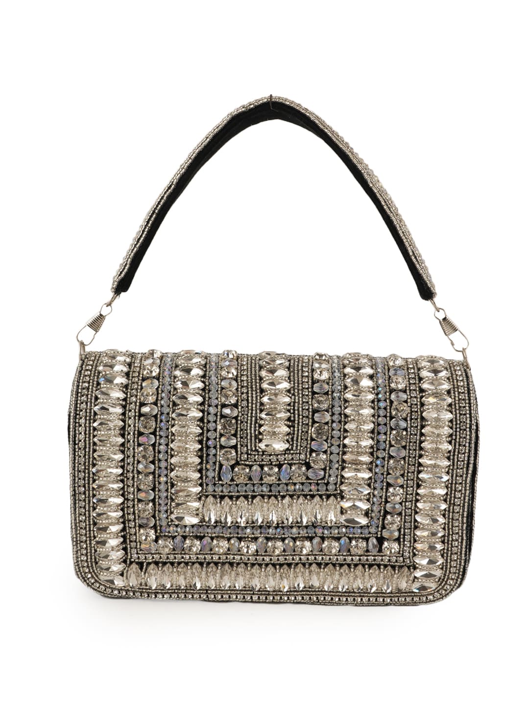 Women Silver Embellished Party Clutch Bag with Crystal & Stone Work