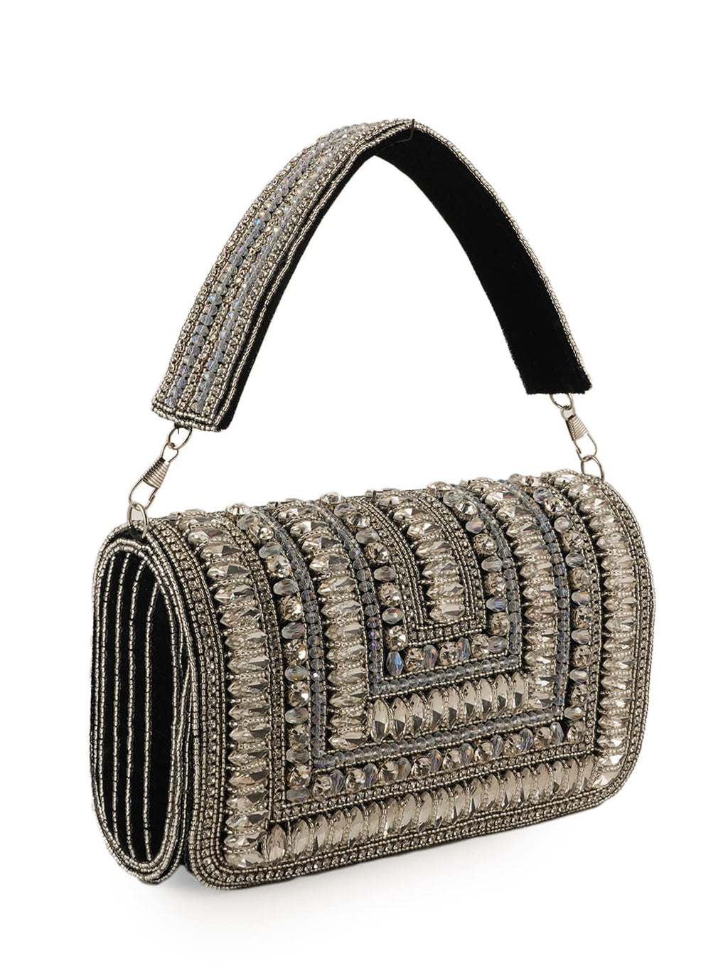 Women Silver Embellished Party Clutch Bag with Crystal & Stone Work