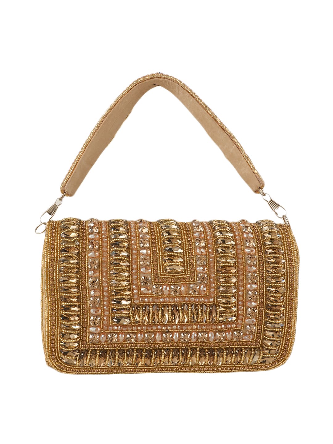 Women Gold Embellished Party Clutch Bag with Crystal & Stone Work