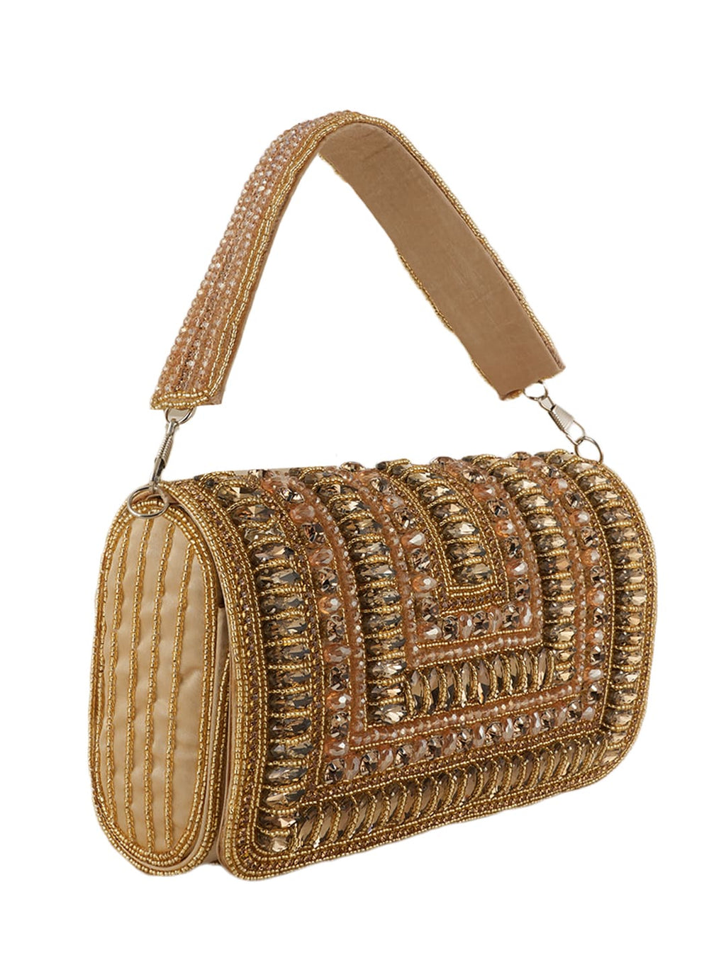 Women Gold Embellished Party Clutch Bag with Crystal & Stone Work