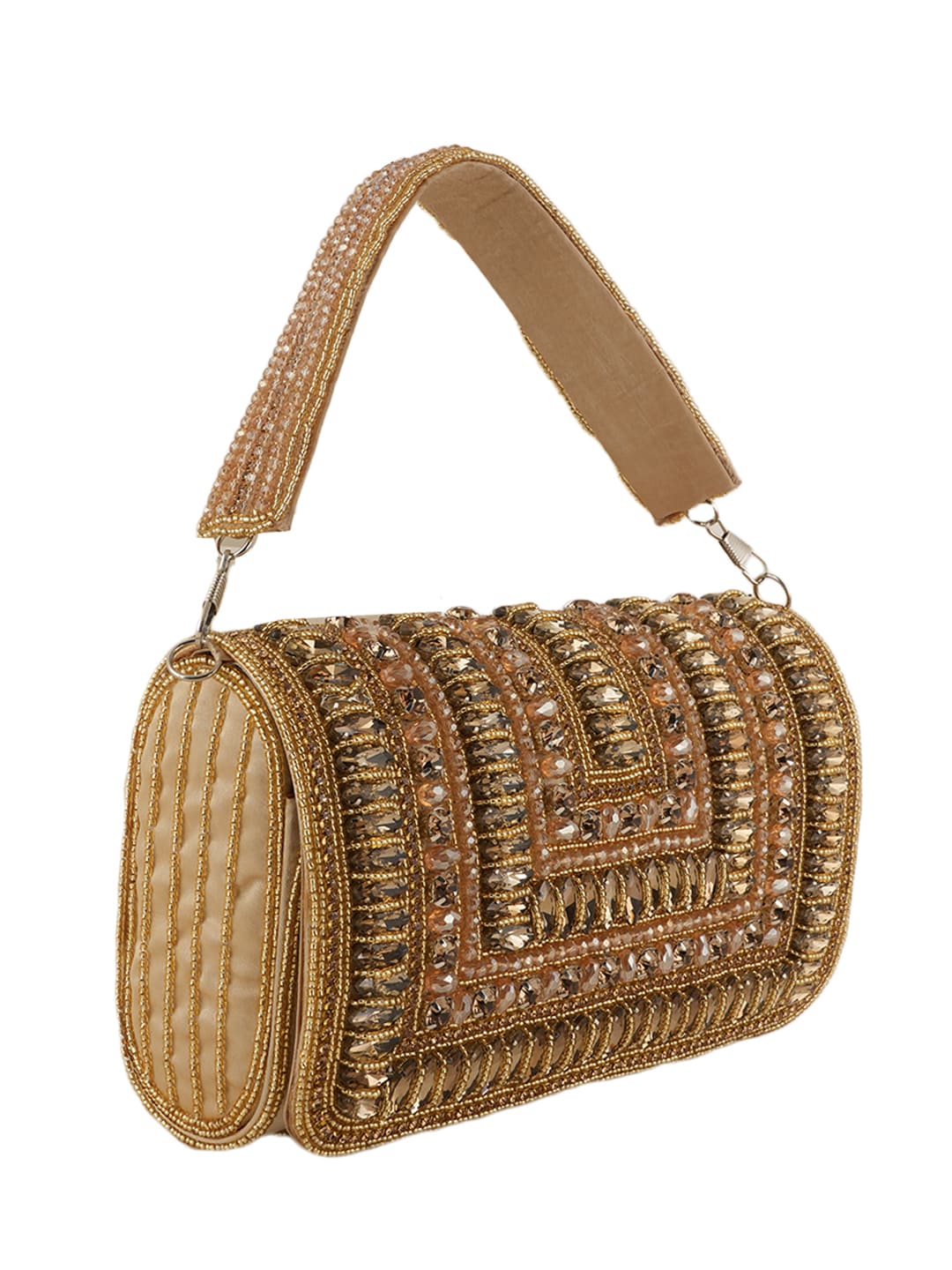 Women Gold Embellished Party Clutch Bag with Crystal & Stone Work
