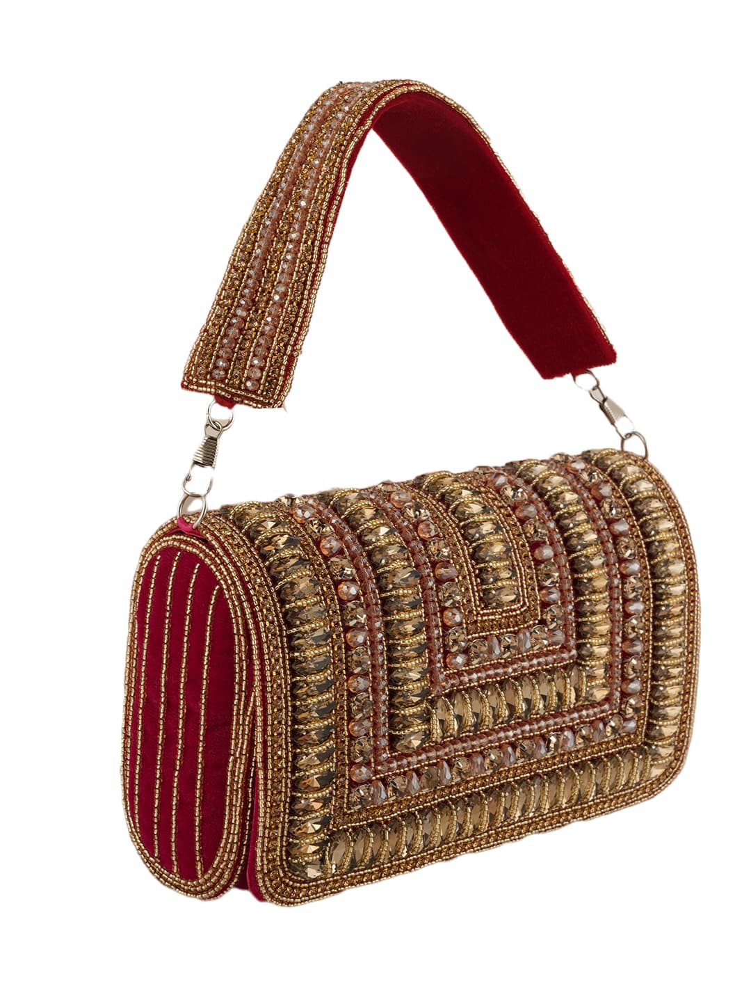 Women Red & Gold Embellished Party Clutch Bag with Crystal & Stone Work
