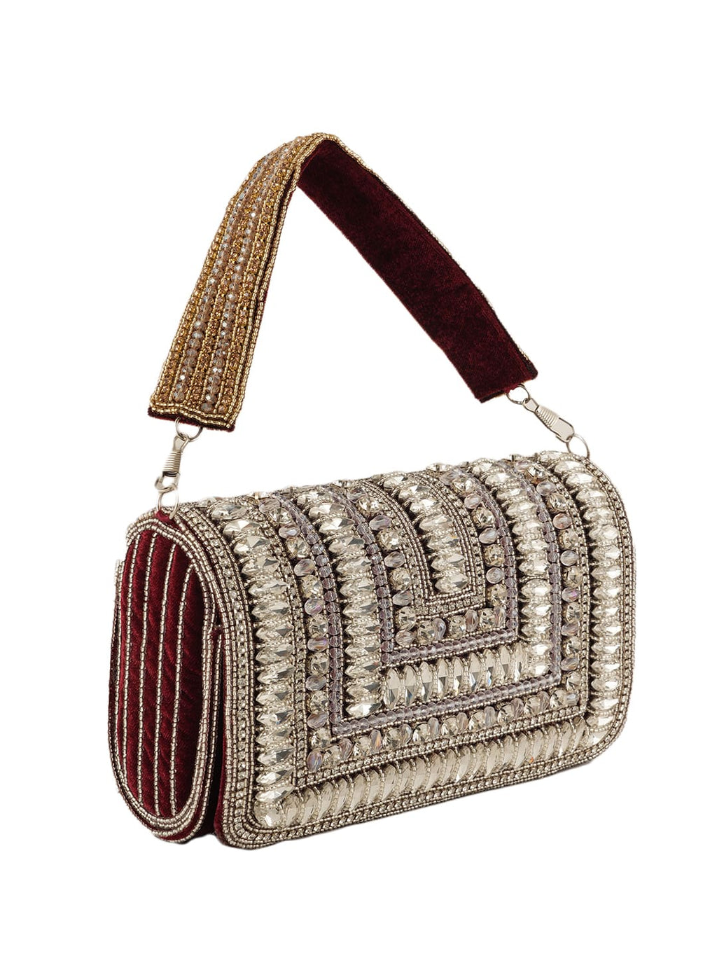 Women Silver Crystal Embellished Party Clutch Bag with Rhinestone Work