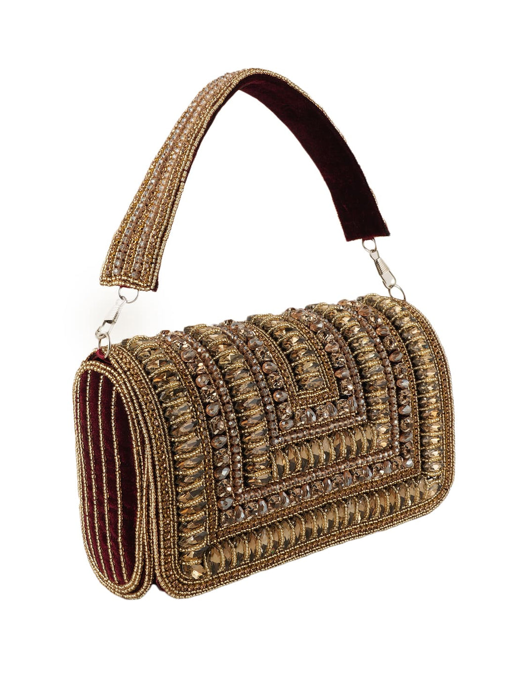 Women Antique Gold Embellished Party Clutch Bag with Crystal & Rhinestone Work