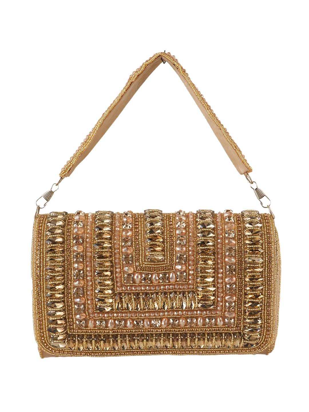 Women Champagne Gold Embellished Party Clutch Bag with Crystal & Rhinestone Work