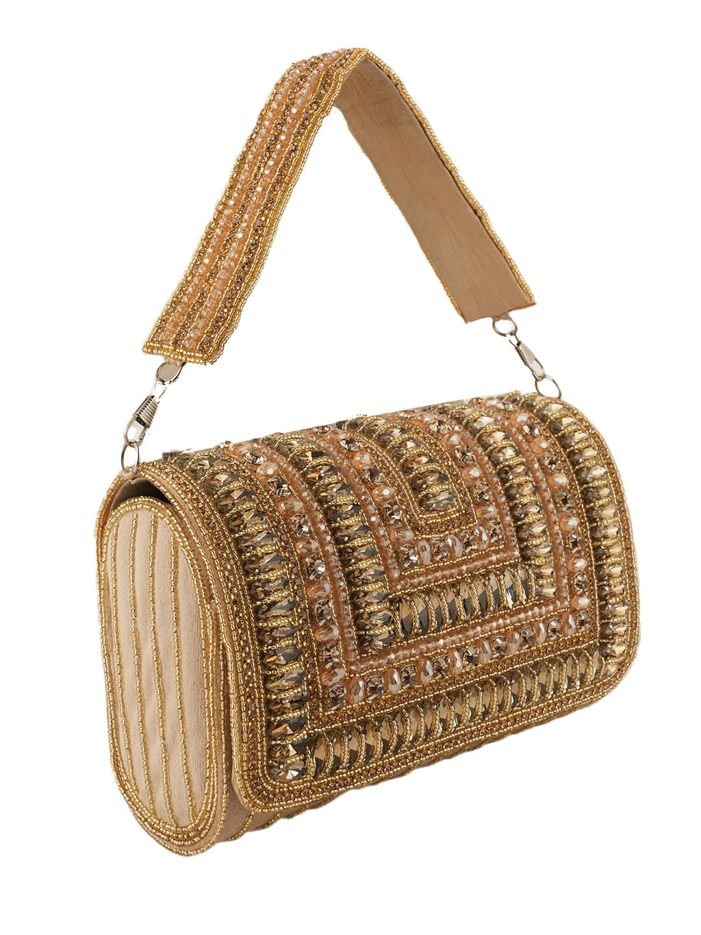 Women Champagne Gold Embellished Party Clutch Bag with Crystal & Rhinestone Work