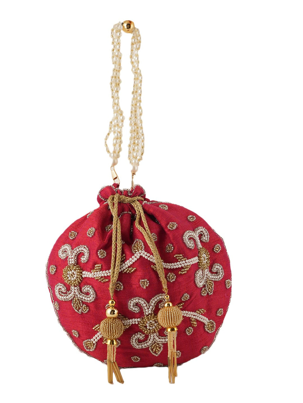 Women Red Embroidered Bridal Potli Bag with Pearl Handle & Beads Work