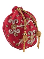 Women Red Embroidered Bridal Potli Bag with Pearl Handle & Beads Work