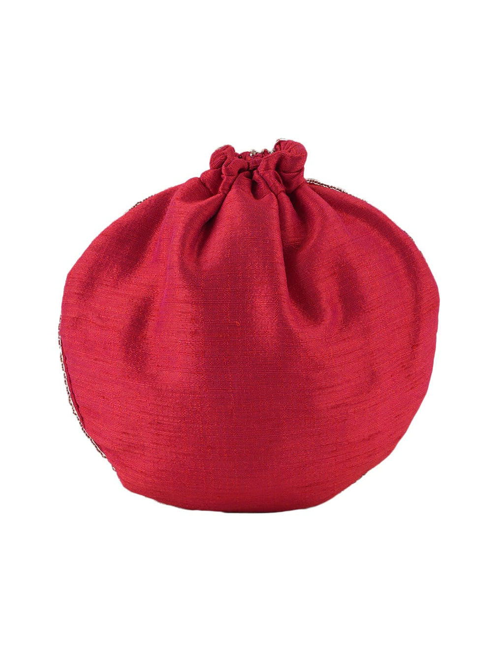 Women Red Embroidered Bridal Potli Bag with Pearl Handle & Beads Work