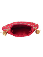 Women Red Embroidered Bridal Potli Bag with Pearl Handle & Beads Work