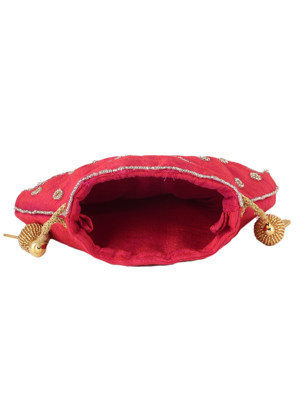 Women Red Embroidered Bridal Potli Bag with Pearl Handle & Beads Work