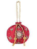 Women Red Embroidered Bridal Potli Bag with Pearl Handle & Zari Work