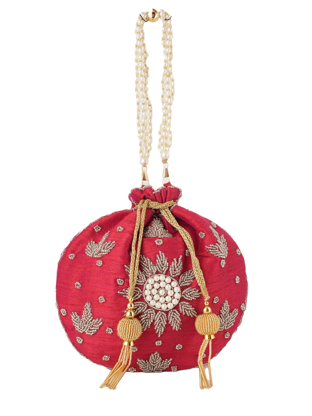 Women Red Embroidered Bridal Potli Bag with Pearl Handle & Zari Work