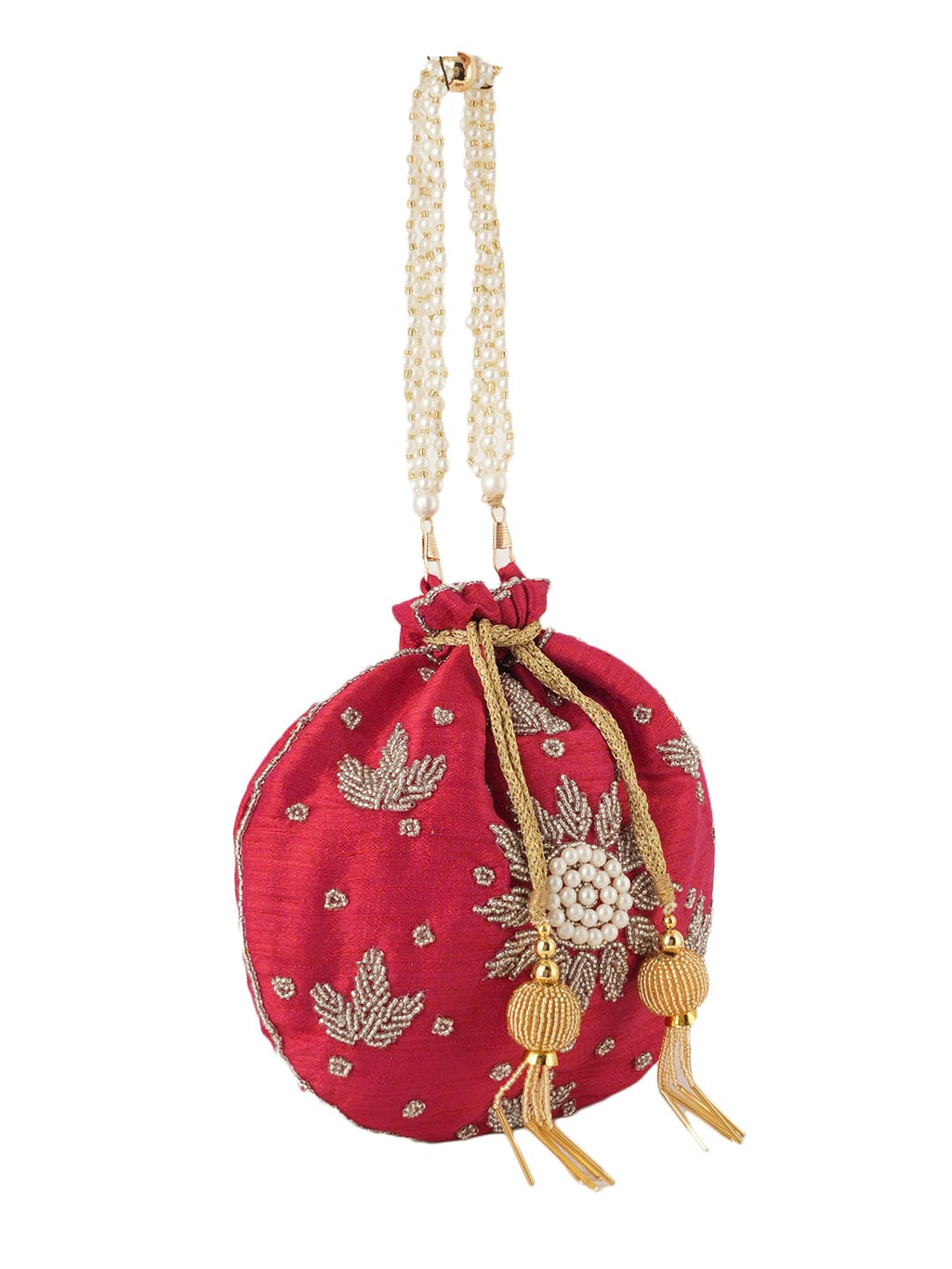 Women Red Embroidered Bridal Potli Bag with Pearl Handle & Zari Work