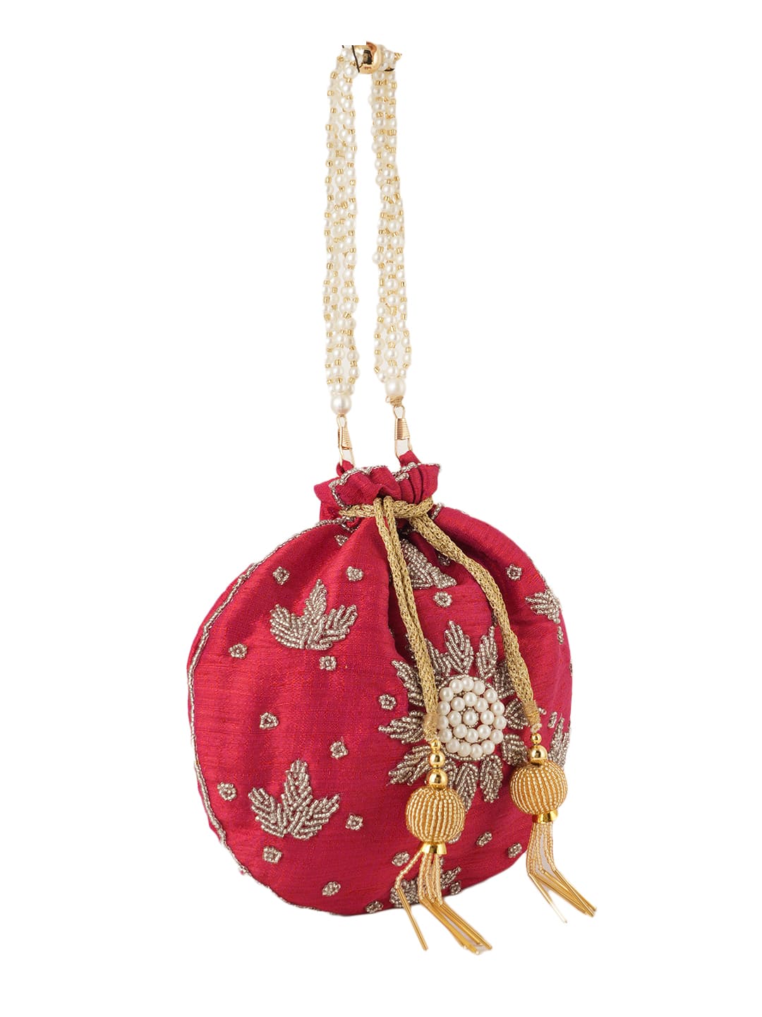 Women Red Embroidered Bridal Potli Bag with Pearl Handle & Zari Work