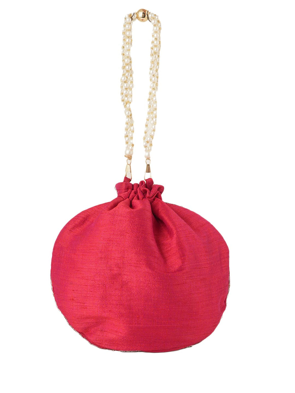 Women Red Embroidered Bridal Potli Bag with Pearl Handle & Zari Work