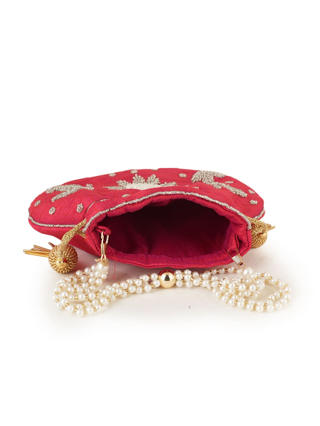 Women Red Embroidered Bridal Potli Bag with Pearl Handle & Zari Work