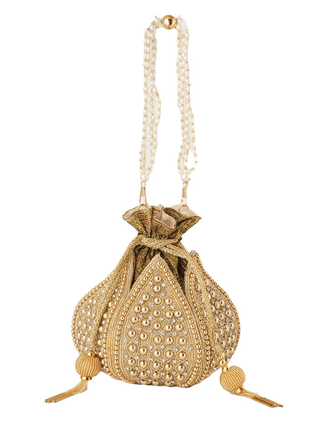 Women Gold Embellished Bridal Potli Bag with Pearl Handle & Beads Work