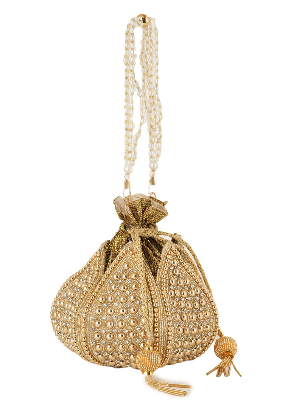 Women Gold Embellished Bridal Potli Bag with Pearl Handle & Beads Work