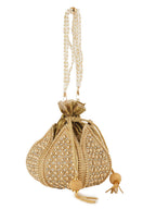 Women Gold Embellished Bridal Potli Bag with Pearl Handle & Beads Work