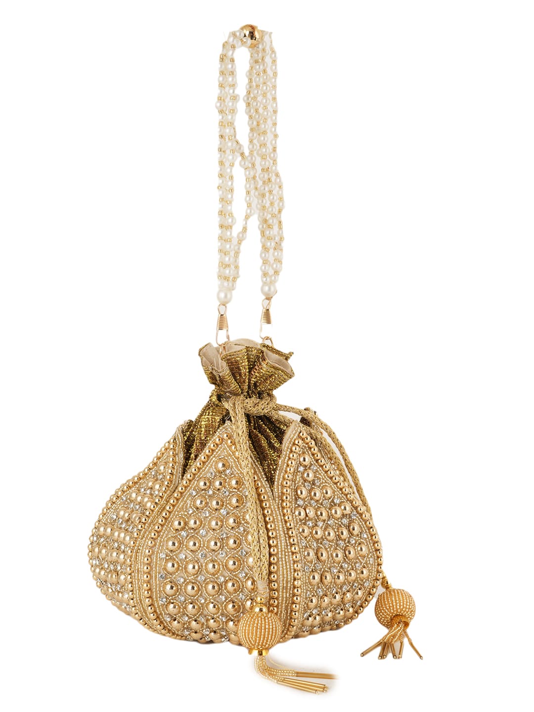 Women Gold Embellished Bridal Potli Bag with Pearl Handle & Beads Work