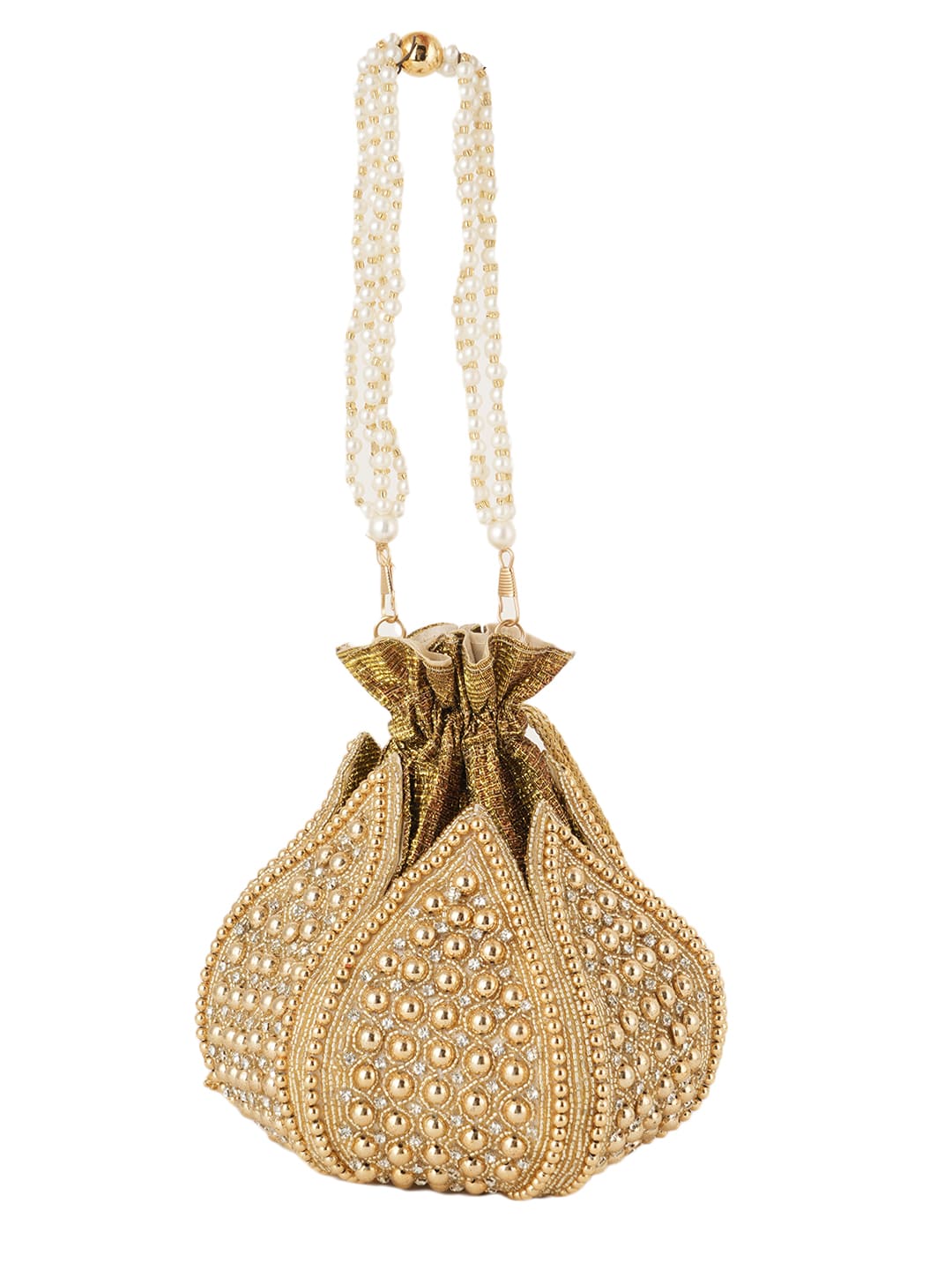 Women Gold Embellished Bridal Potli Bag with Pearl Handle & Beads Work