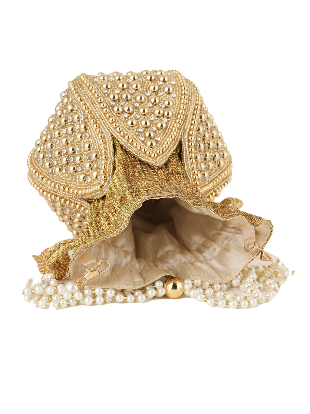 Women Gold Embellished Bridal Potli Bag with Pearl Handle & Beads Work