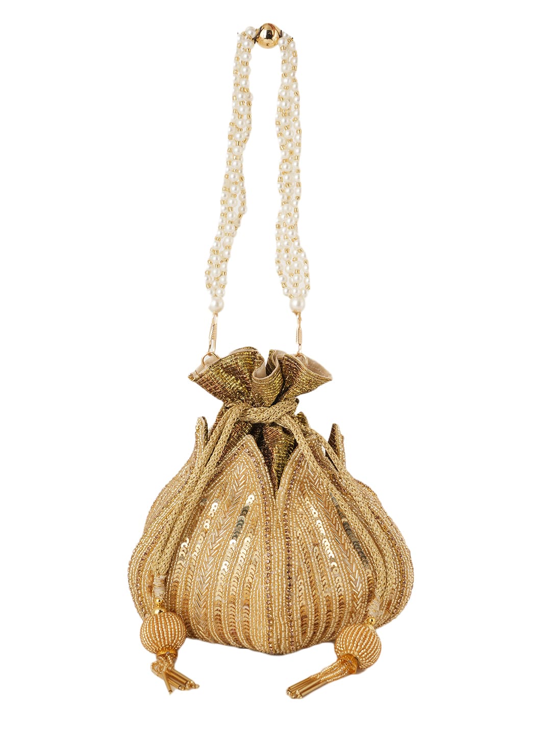 Women Gold Sequin Embroidered Bridal Potli Bag with Pearl Handle