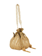 Women Gold Sequin Embroidered Bridal Potli Bag with Pearl Handle