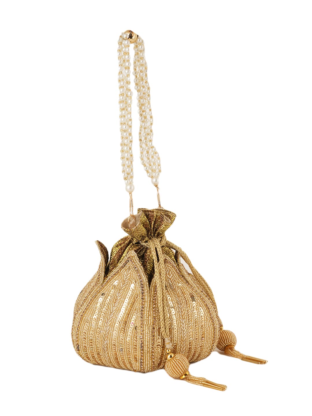 Women Gold Sequin Embroidered Bridal Potli Bag with Pearl Handle