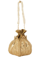 Women Gold Sequin Embroidered Bridal Potli Bag with Pearl Handle