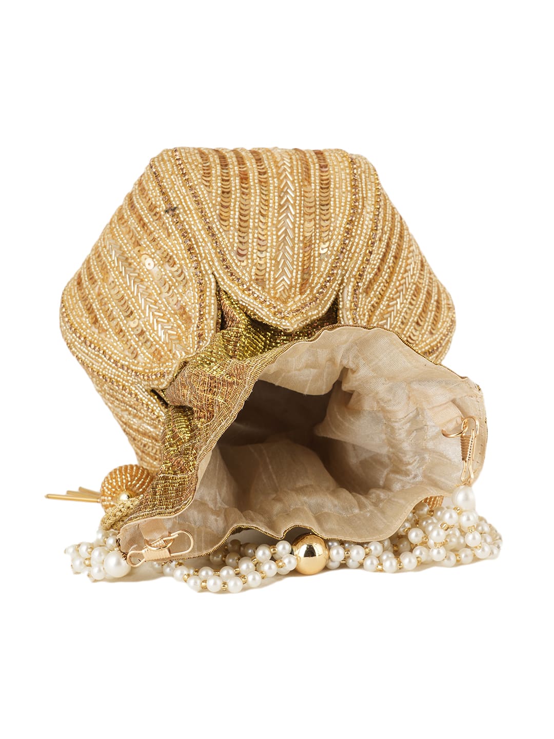 Women Gold Sequin Embroidered Bridal Potli Bag with Pearl Handle