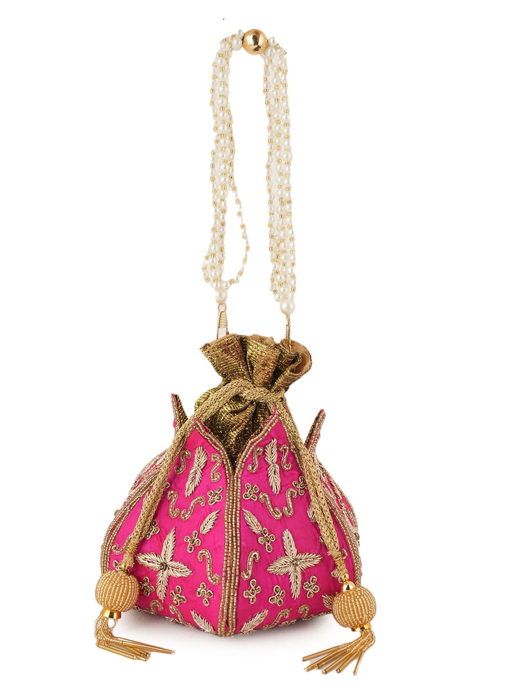 Women Pink Embroidered Bridal Potli Bag with Pearl Handle & Zari Work